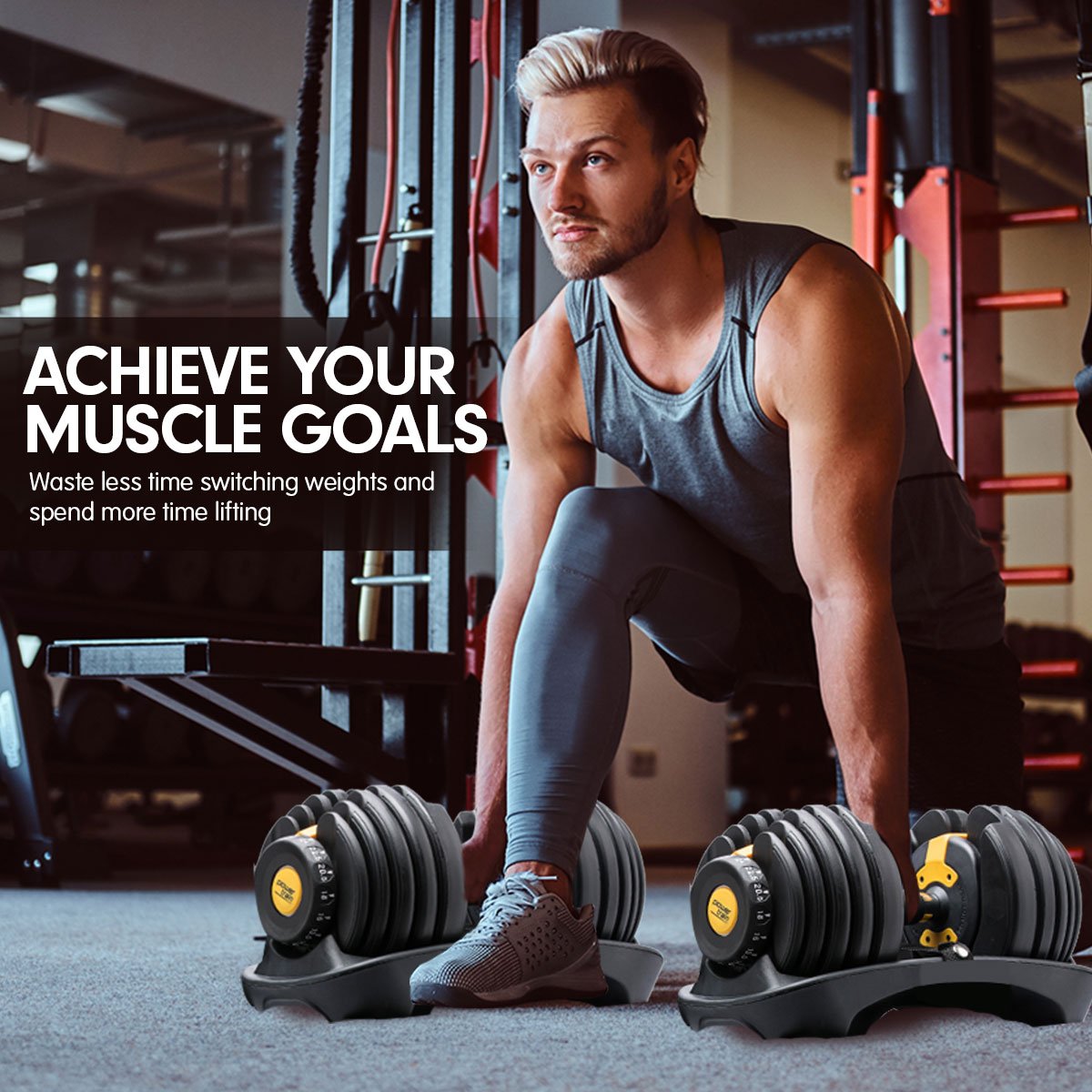 Powertrain BF1 48kg Adjustable Dumbbell Set With Stand (2 x 24kg) - Gold