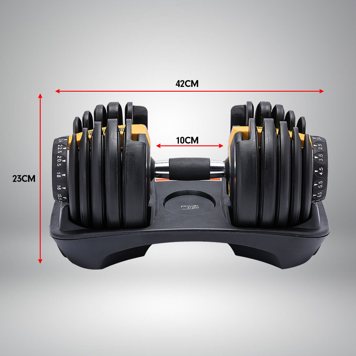 Powertrain 48kg Adjustable Dumbbell Set With Stand (2 x 24kg) - Gold