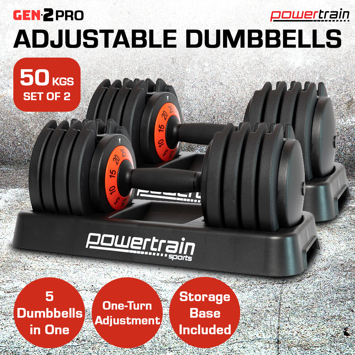 Powertrain TD1 GEN2 Pro 50kg Adjustable Dumbbell Set (2 x 25kg)
