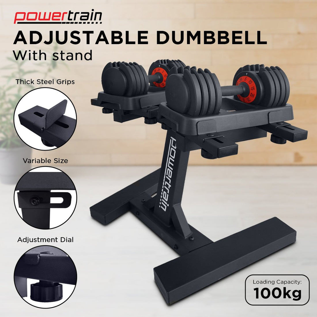 Powertrain TD1 GEN2 Pro 50kg Adjustable Dumbbell Set with Stand (2 x 25kg)