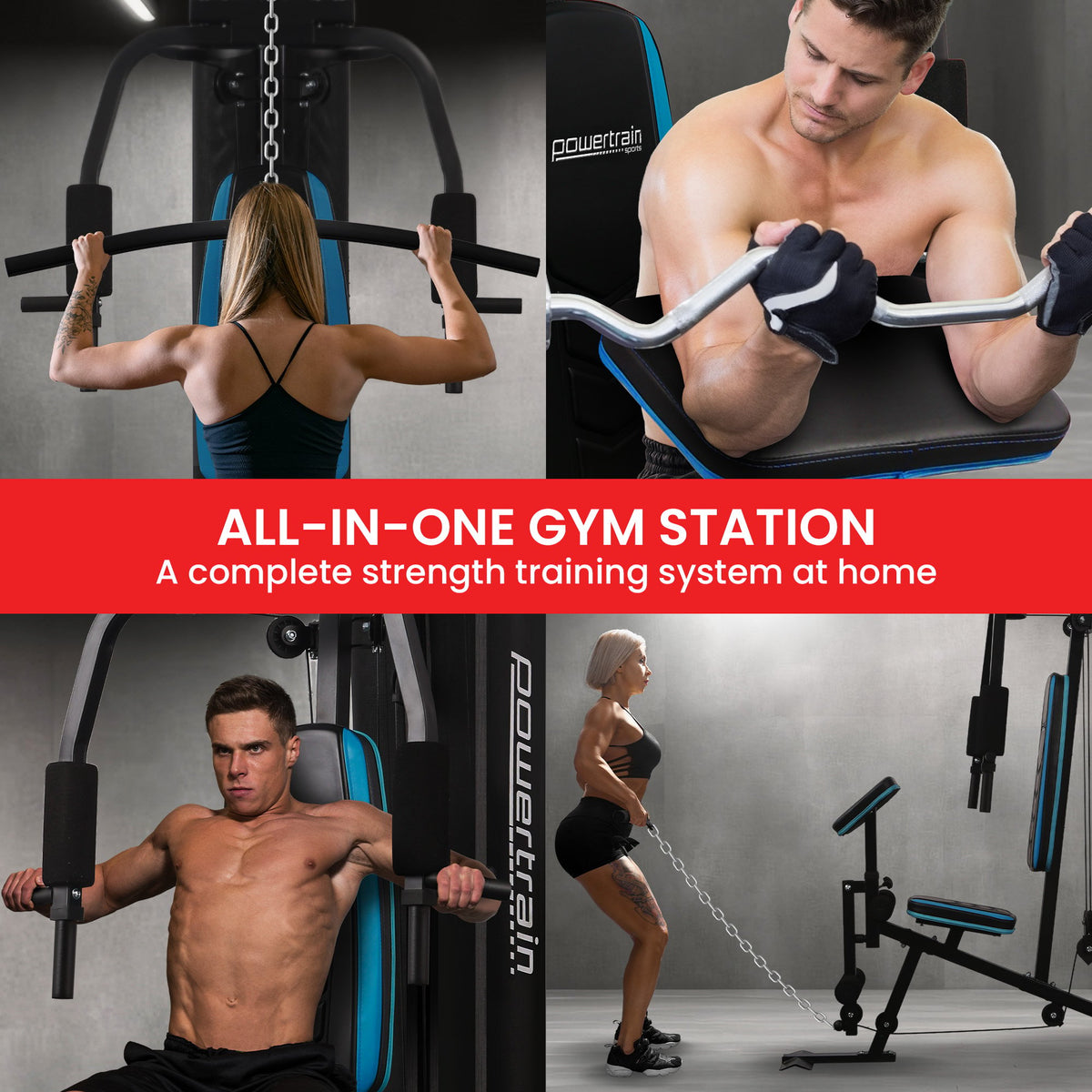 Powertrain JX-300 Multi Station Home Gym with 44kg Weight Stack, Curl Pad, Leg Extension and Pull-down Bar