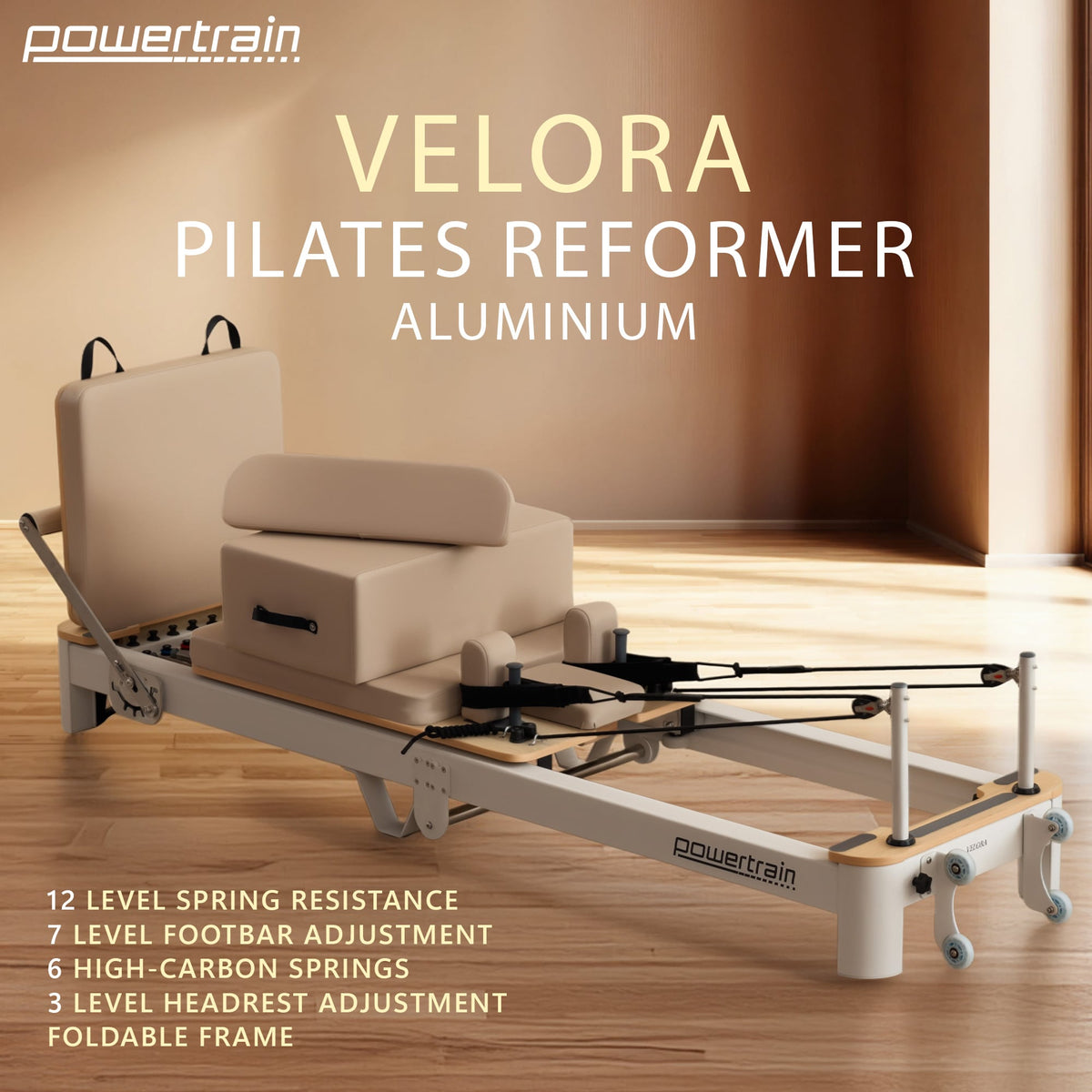 Powertrain Velora Aluminium Foldable Pilates Reformer (Beige)