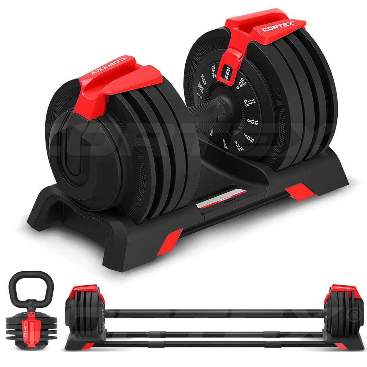 CORTEX Revolock V2 24kg Adjustable Steel All-in-One (Single) Dumbbell + Barbell + Kettlebell