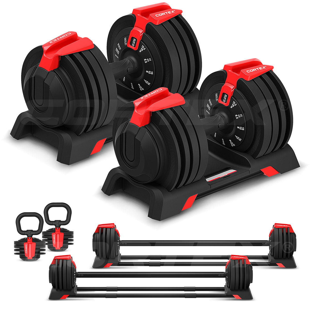 CORTEX Revolock V2 48kg Adjustable Steel All-in-One Dumbbell + Barbell + Kettlebell Pair Set