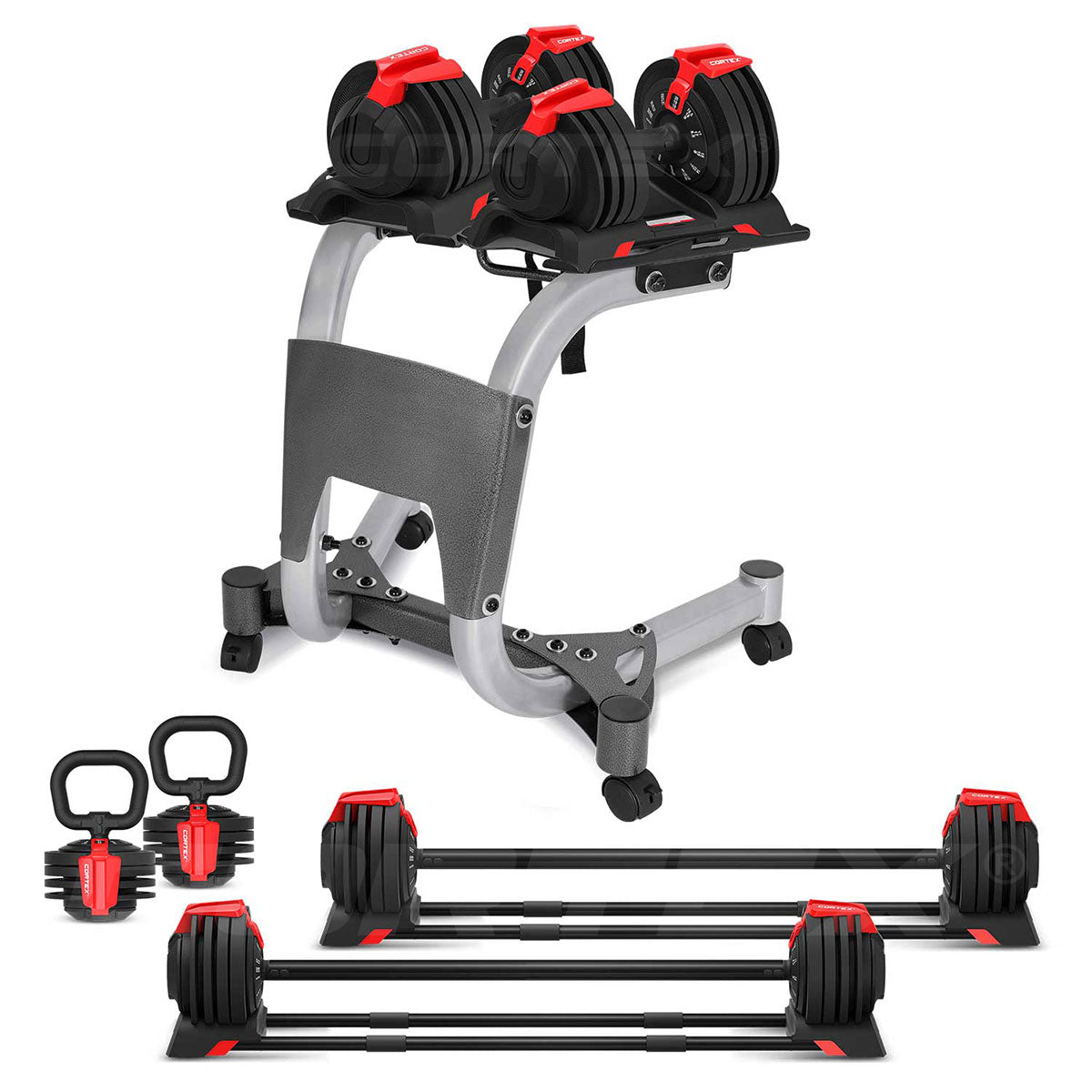 CORTEX Revolock V2 48kg Adjustable All-in-One Dumbbell + Barbell + Kettlebell Set with Stand (24kg Pair)