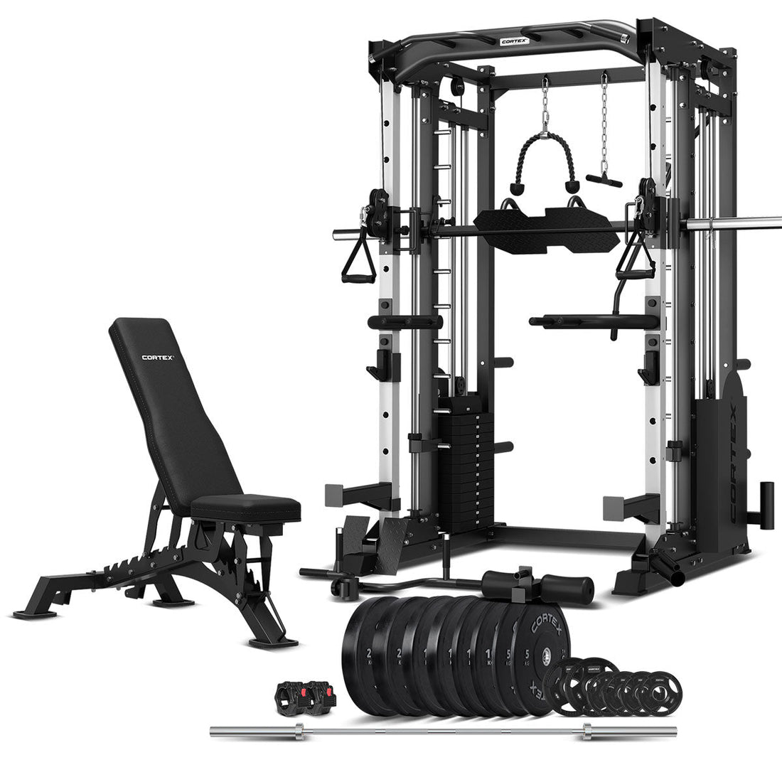 CORTEX SM-25 6-In-1 Power Rack With Smith & Cable Machine Package (Set D) with BN-9 Bench + 130kg Olympic Bumper Weight Plate & Barbell Package