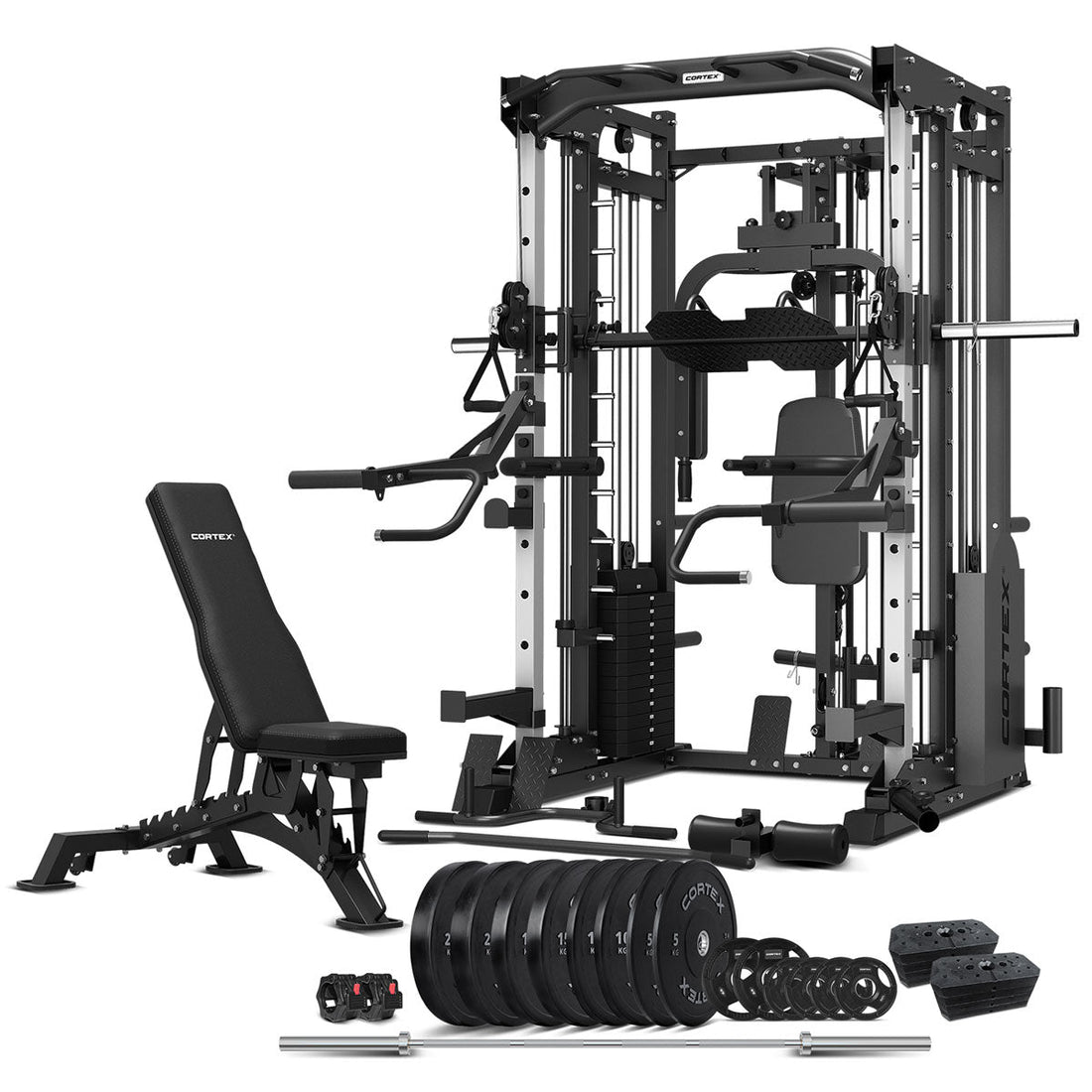 CORTEX SM-25 6-In-1 Power Rack with Smith & Cable Machine Ultimate Package (Set F) with Olympic Bumper Plate + Barbell Set