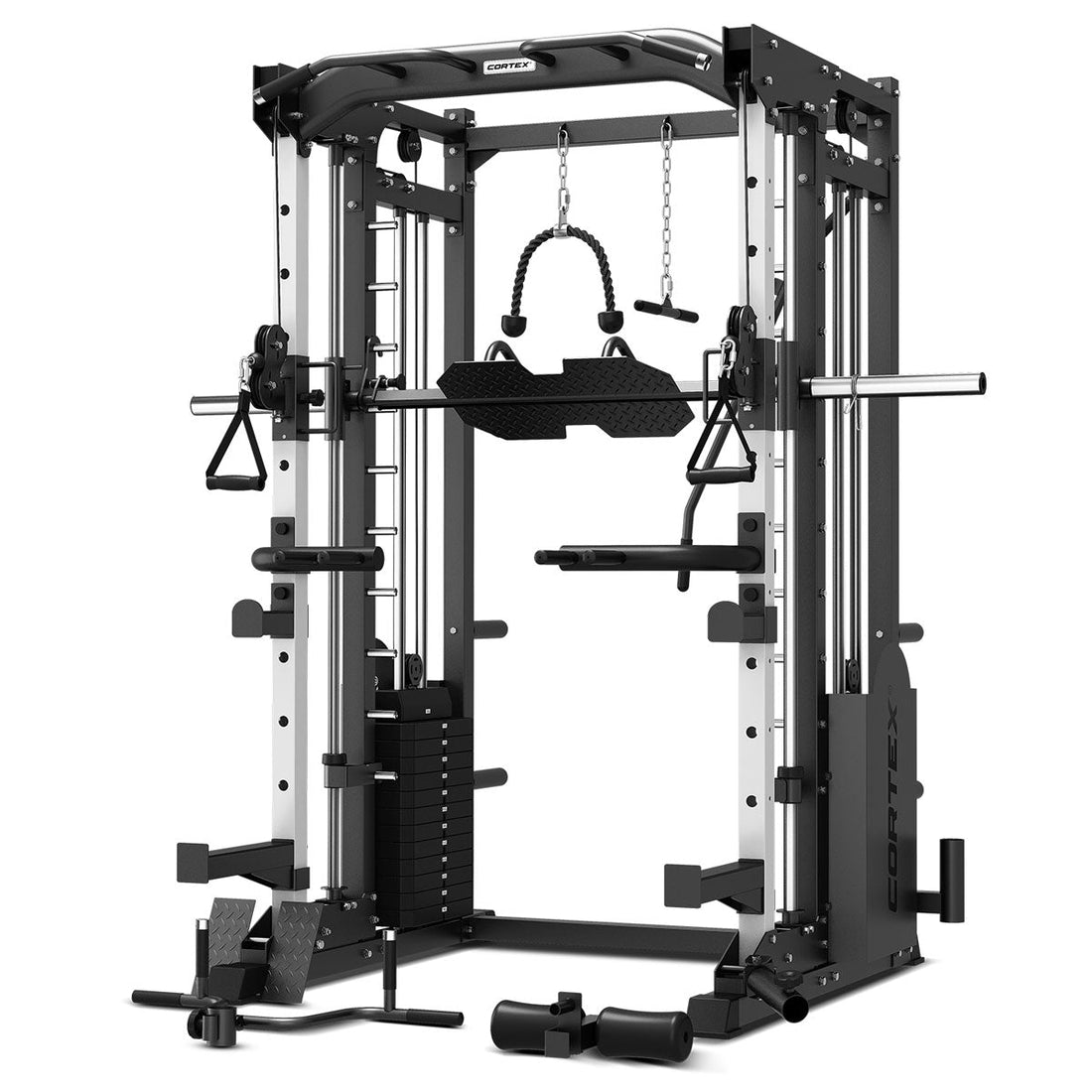 CORTEX SM-25 6-In-1 Power Rack with Smith & Cable Machine Ultimate Package (Set F) with Olympic Bumper Plate + Barbell Set