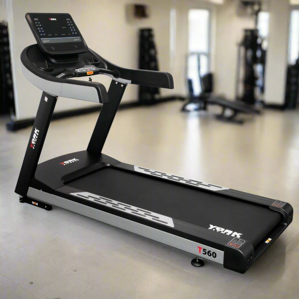 York T560 treadmill with digital display in a spacious gym setting