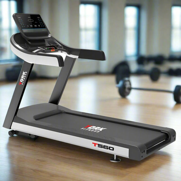 York T560 treadmill with advanced console in a modern gym setting