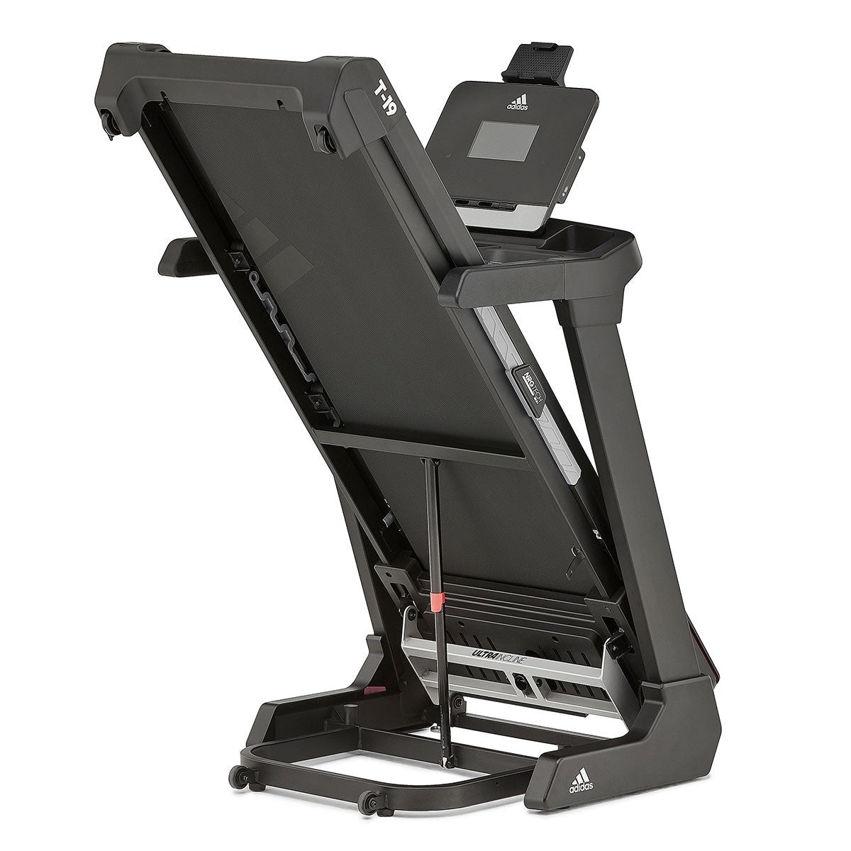 Adidas T-19 treadmill showcasing a sleek black design with an ergonomic handlebar and integrated tablet holder, ideal for home fitness and running enthusiasts.