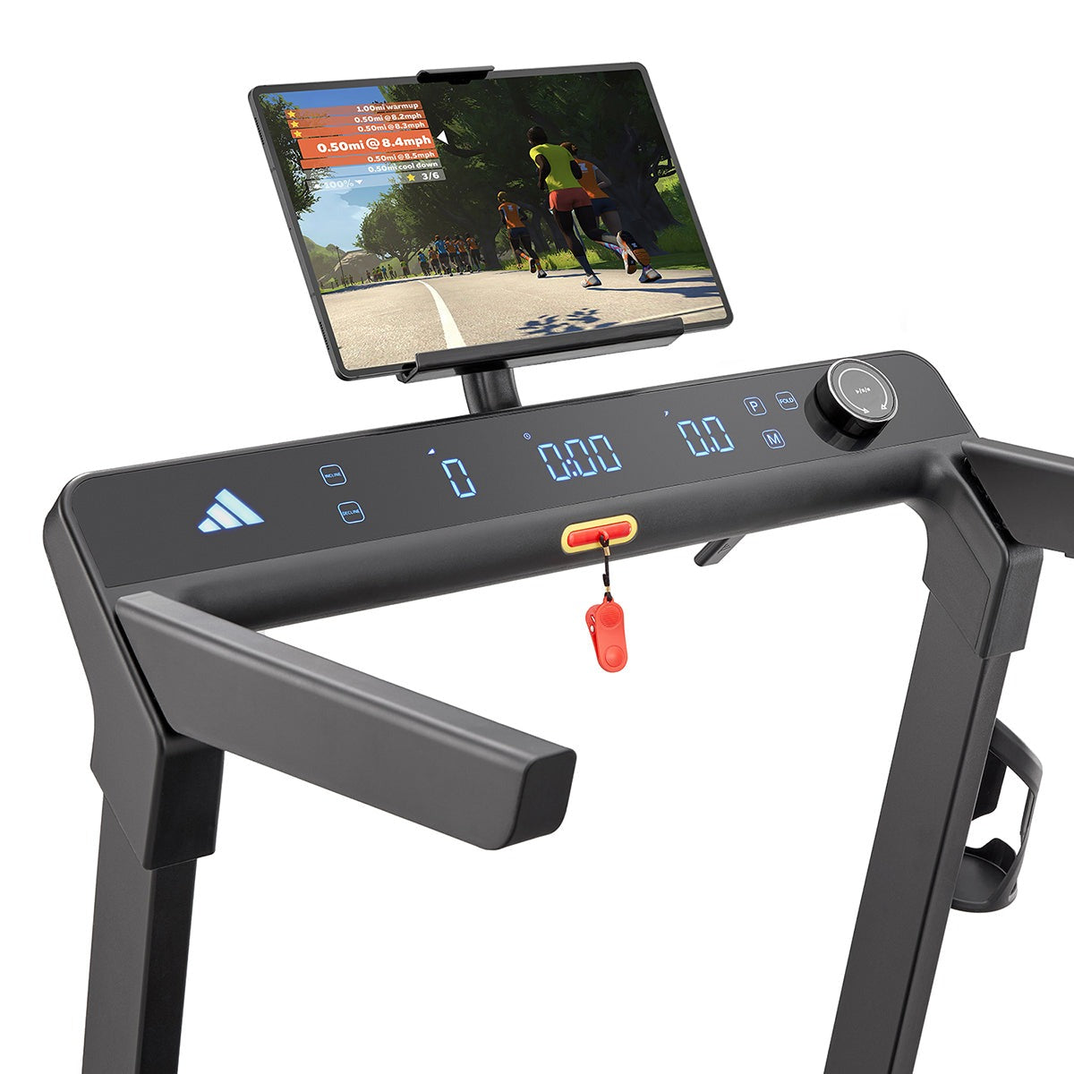 Adidas T24c Folding Treadmill with rotating tablet holder, ideal for multimedia use during workouts.