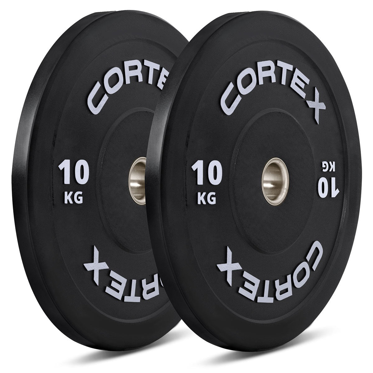 Cortex 10kg Black Series V3 bumper plates (2 pack) designed for durability and safety in weightlifting, featuring a sleek black design and protective rubber surface.
