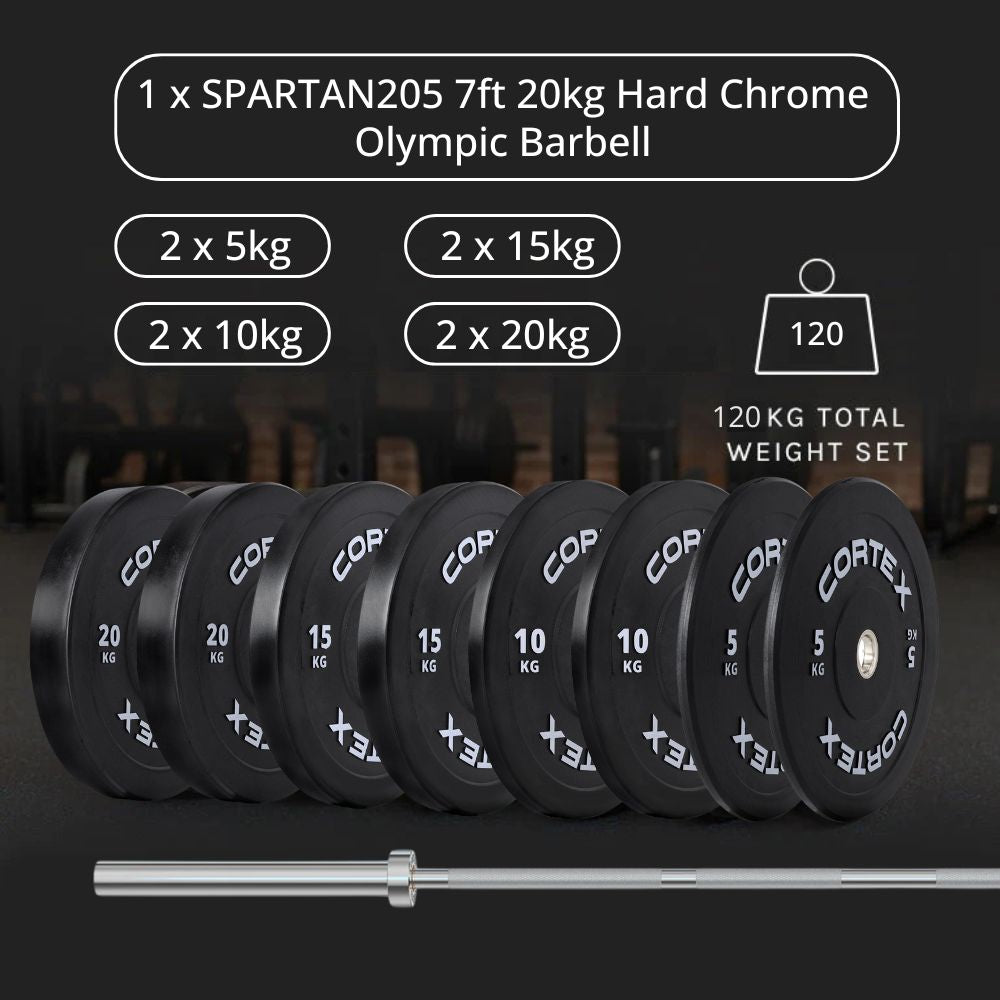 Cortex 120kg Black Series V3 Bumper Plate Set Incl. SPARTAN205 Hard Chrome 7ft 20kg Olympic Barbell