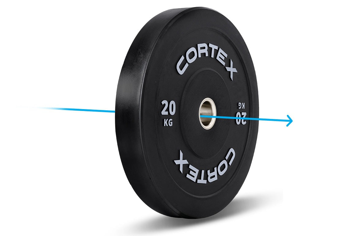 Cortex 120kg Black Series V3 Bumper Plate Set Incl. SPARTAN205 Hard Chrome 7ft 20kg Olympic Barbell - durable rubber weight plates designed for home gym and professional use, featuring raised white lettering and a metal insert for secure fitting.