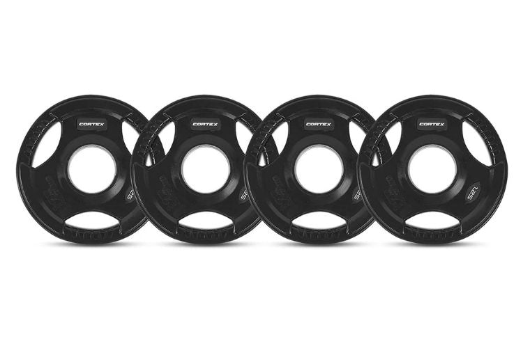 Cortex 145kg Tri-Grip V2 50mm Rubber Olympic Plate Set Incl. SPARTAN100 20kg Olympic Barbell + Olympic Dumbbell Handles + Lockjaw Collars