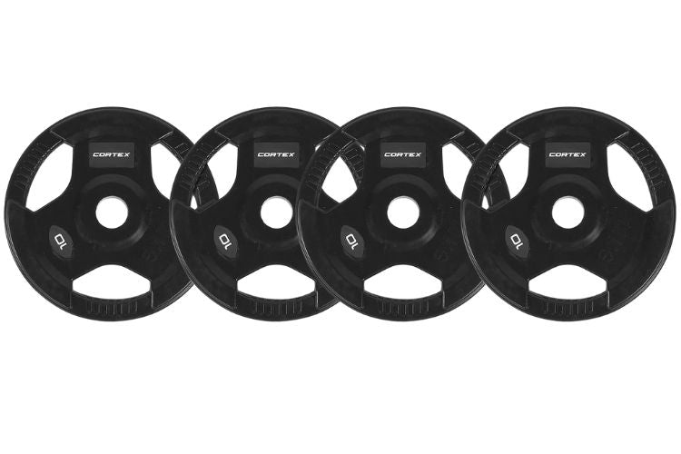 Cortex 145kg Tri-Grip V2 50mm Rubber Olympic Plate Set Incl. SPARTAN100 20kg Olympic Barbell + Olympic Dumbbell Handles + Lockjaw Collars