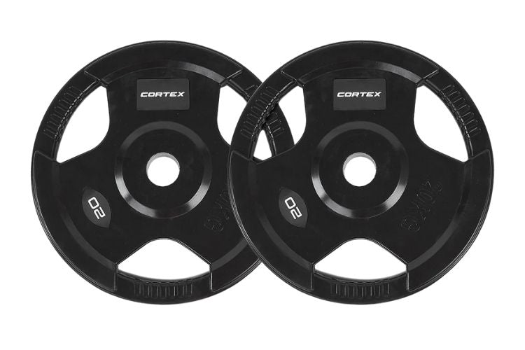 Cortex 145kg Tri-Grip V2 50mm Rubber Olympic Plate Set Incl. SPARTAN100 20kg Olympic Barbell + Olympic Dumbbell Handles + Lockjaw Collars
