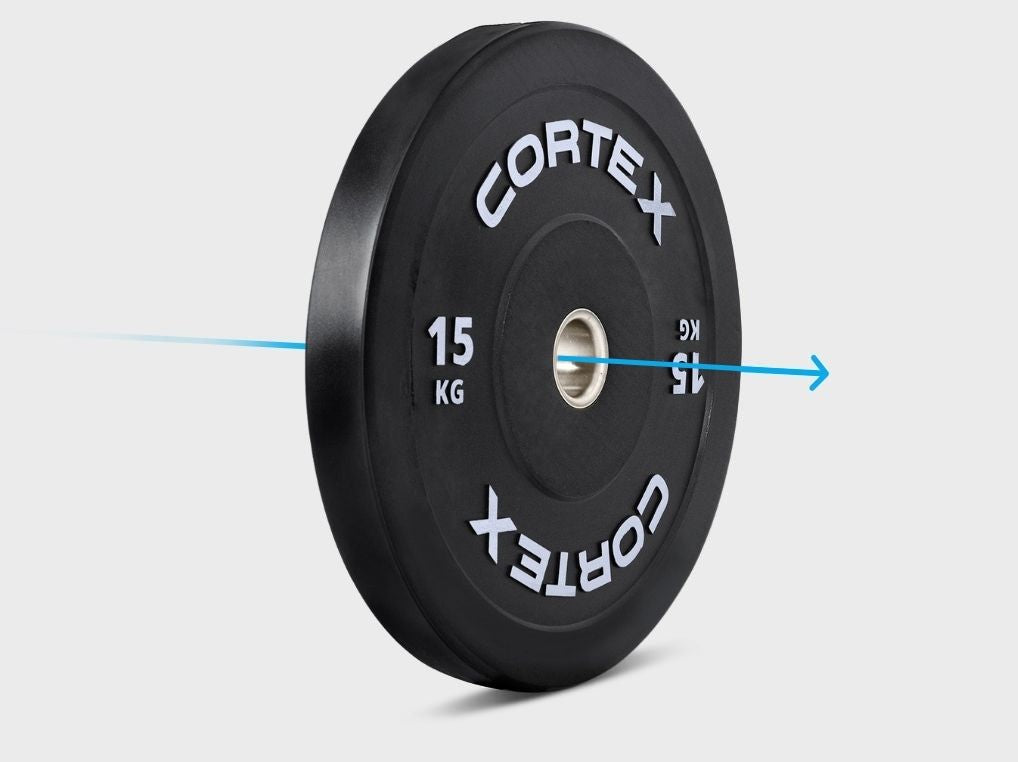 Cortex 75kg Black Series V3 Bumper Plate Set Incl. ATHENA100 6ft 15kg Olympic Barbell - durable rubber weight plates designed for home gym and professional use, featuring raised white lettering and a metal insert for secure fitting.