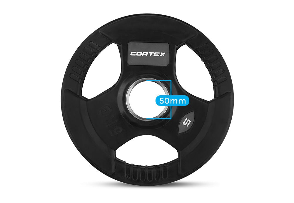 Cortex 35kg Tri-Grip V2 Rubber Olympic Plate Set with 50mm holes, featuring two 25kg plates, perfect for strength training and fitness enthusiasts.