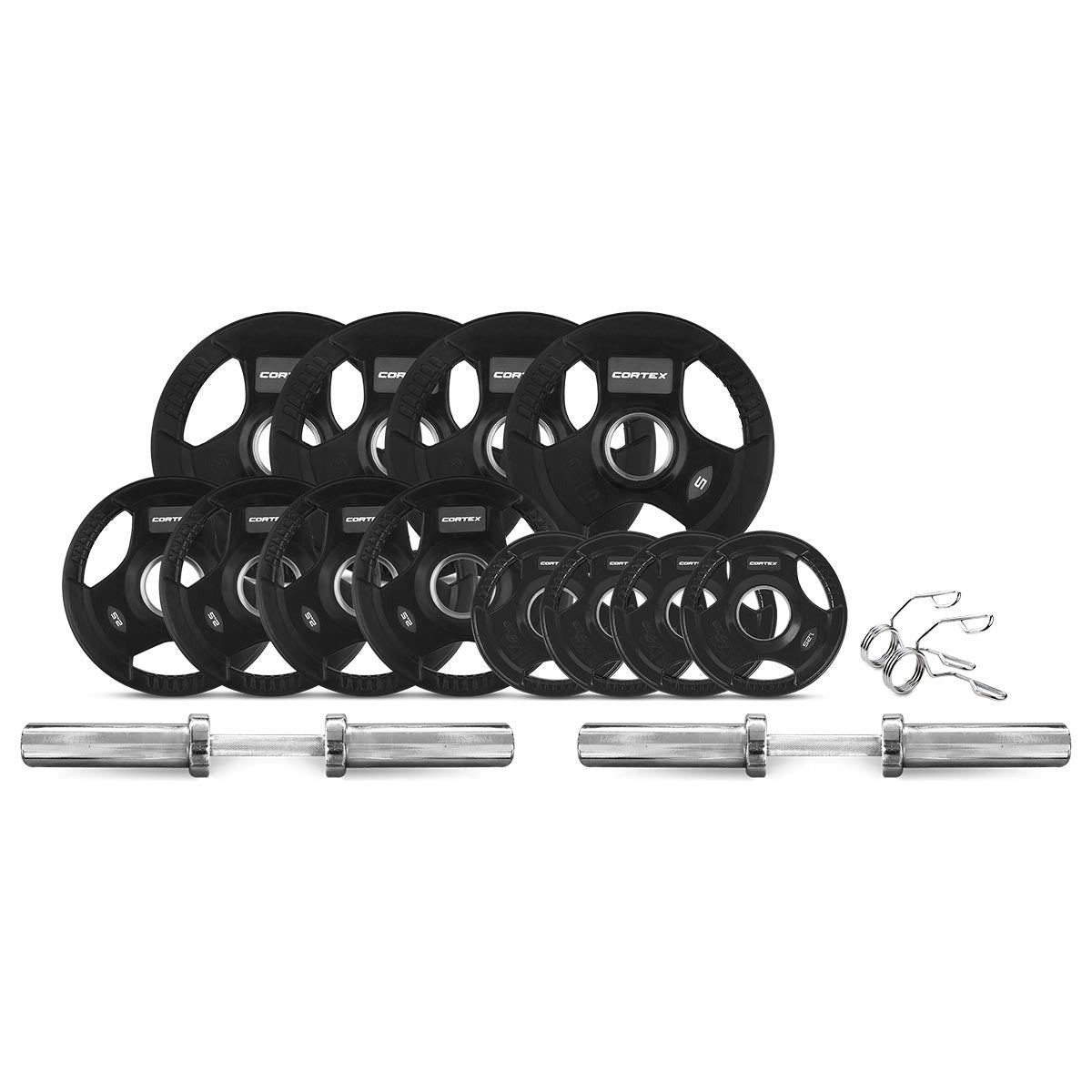 Cortex 45kg Tri-Grip V2 Rubber Olympic Plate Set with Olympic EZ Curl Bar and spring collars, ideal for strength training and versatility in workouts.