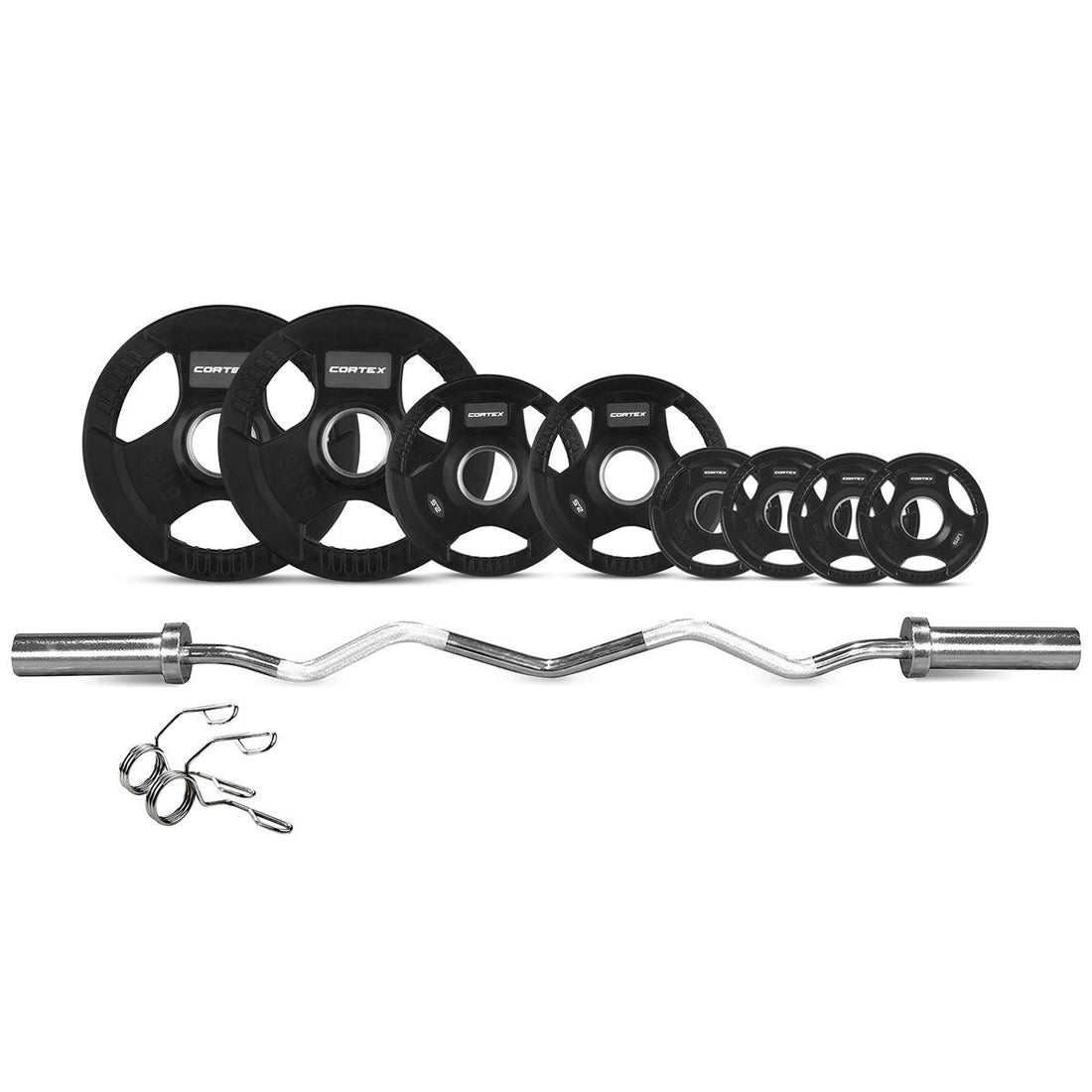 Cortex 45kg Tri-Grip V2 50mm Rubber Olympic Plate Set Incl. Olympic Ez Curl Bar + Spring Collars
