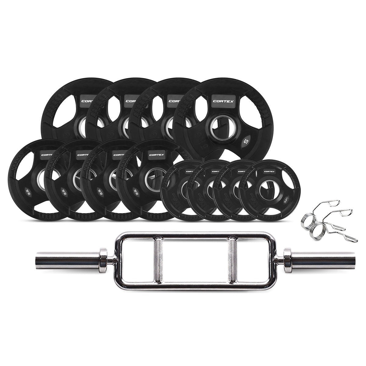 Cortex 45kg Tri-Grip V2 Rubber Olympic Plate Set with Olympic EZ Curl Bar and spring collars, ideal for strength training and versatility in workouts.
