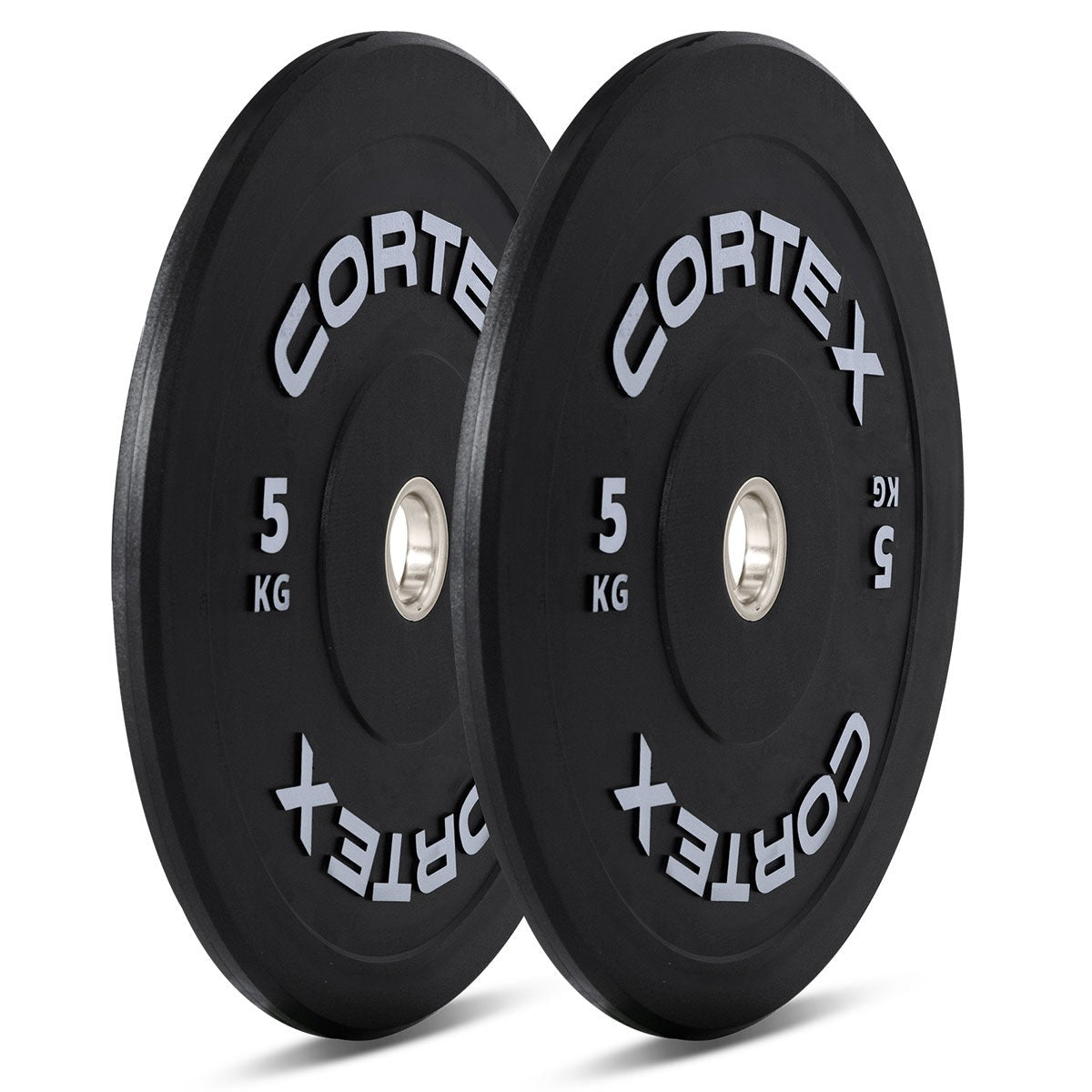 Cortex 5kg Black Series V3 bumper plates (2 pack) designed for durability and safety in weightlifting, featuring a sleek black design and protective rubber surface.