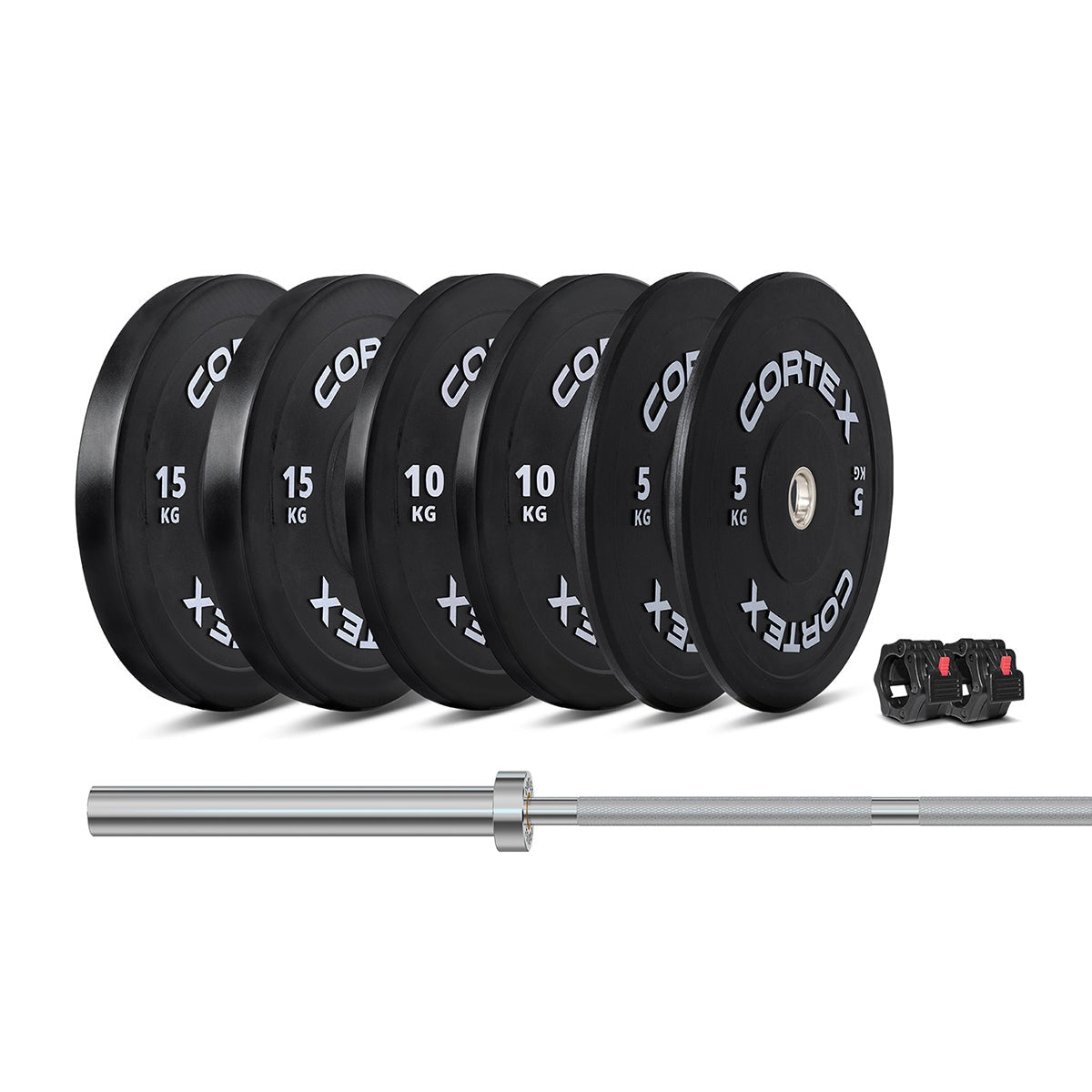 Cortex 75kg Black Series V3 Bumper Plate Set Incl. ATHENA100 6ft 15kg Olympic Barbell, durable and high-quality rubber design ideal for Olympic weightlifting and home gym workouts.