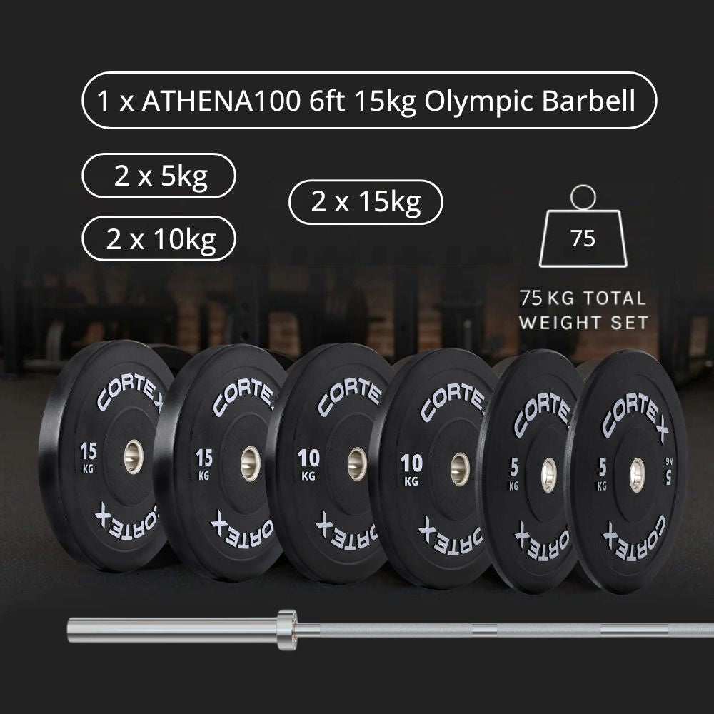 Cortex 75kg Black Series V3 Bumper Plate Set Incl. ATHENA100 6ft 15kg Olympic Barbell designed for strength training, featuring durable rubber construction and clear weight markings for home gym use.