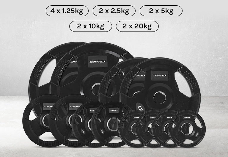 Cortex 80kg Tri-Grip V2 50mm Rubber Olympic Plate Set featuring durable rubber construction, easy-grip handles, and a complete weight range for strength training.