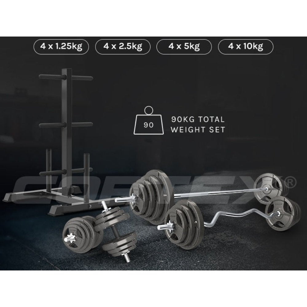 CORTEX 90kg Tri-Grip Standard Barbell Weight Set with Weight Tree 25mm