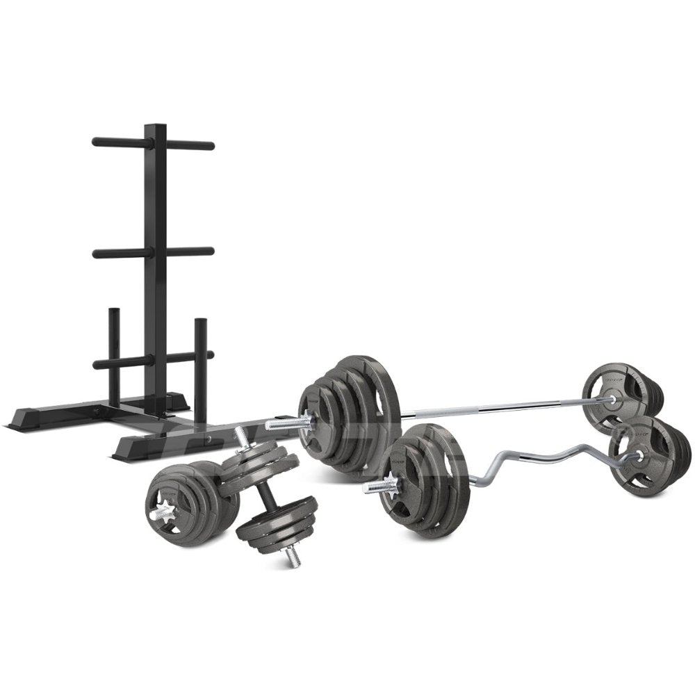 CORTEX 90kg Tri-Grip Standard Barbell Weight Set with Weight Tree 25mm