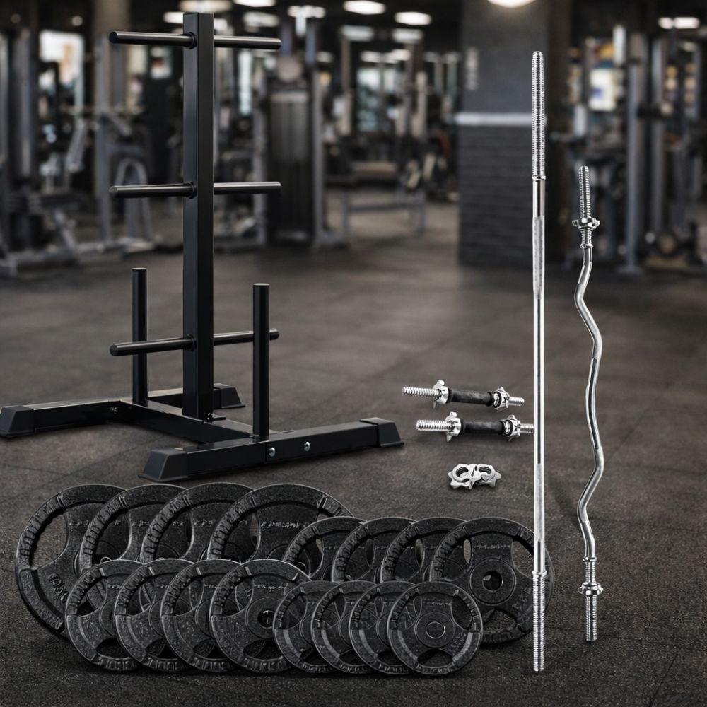 CORTEX 90kg Tri-Grip Standard Barbell Weight Set with Weight Tree 25mm