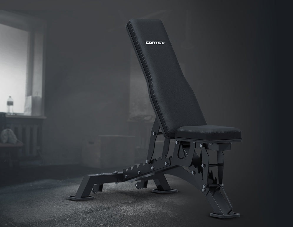 CORTEX BN-9 FID Adjustable Exercise Bench, featuring a sleek black design with padded seat, ideal for strength training and home workouts, suitable for various exercises including weightlifting and dumbbell routines.
