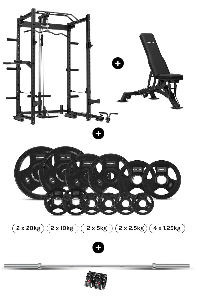 Cortex power rack with adjustable bench and weight plates for home gym workouts