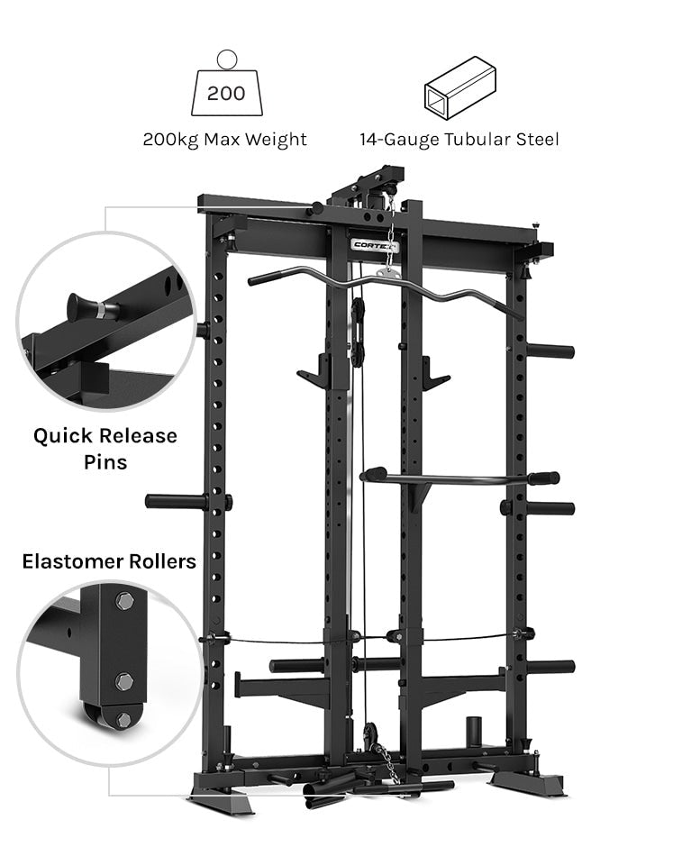 Cortez multifunction gym equipment with adjustable safety features and various attachments for strength training
