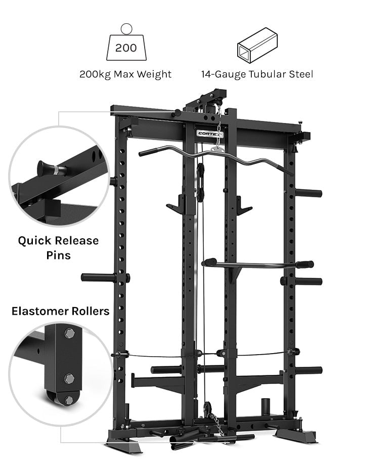 Complete home gym setup with rack, weights, and adjustable bench for strength training