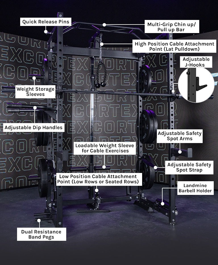 Multi-functional power rack for home gym with cable options and pull-up bar.