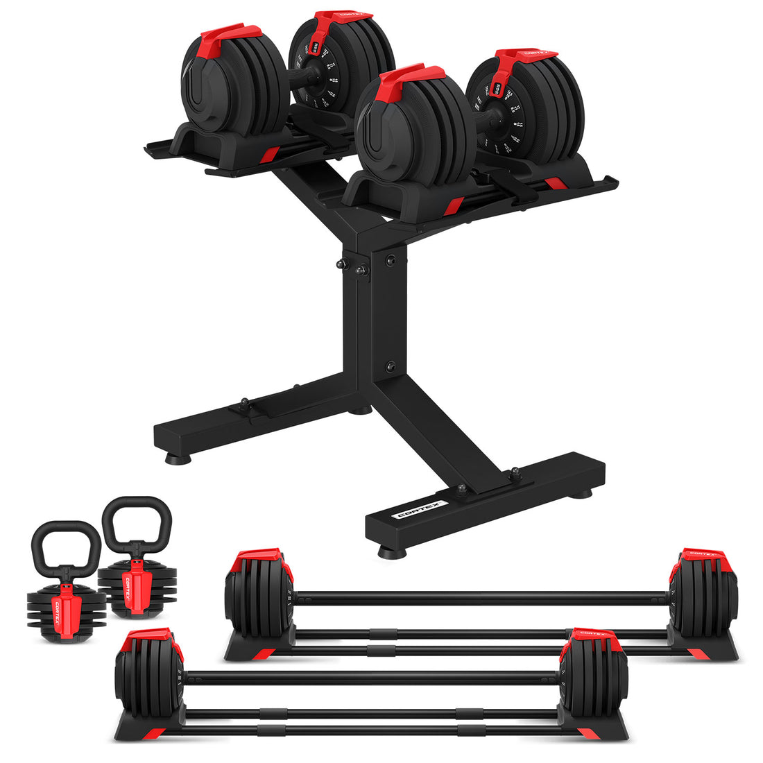 CORTEX Revolock V2 48kg Adjustable All-in-One Dumbbell + Barbell + Kettlebell Set with Stand (24kg Pair)