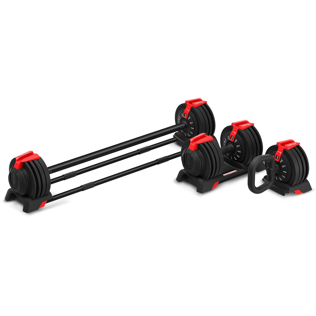 CORTEX Revolock V2 48kg Adjustable All-in-One Dumbbell + Barbell + Kettlebell Set with Stand (24kg Pair)
