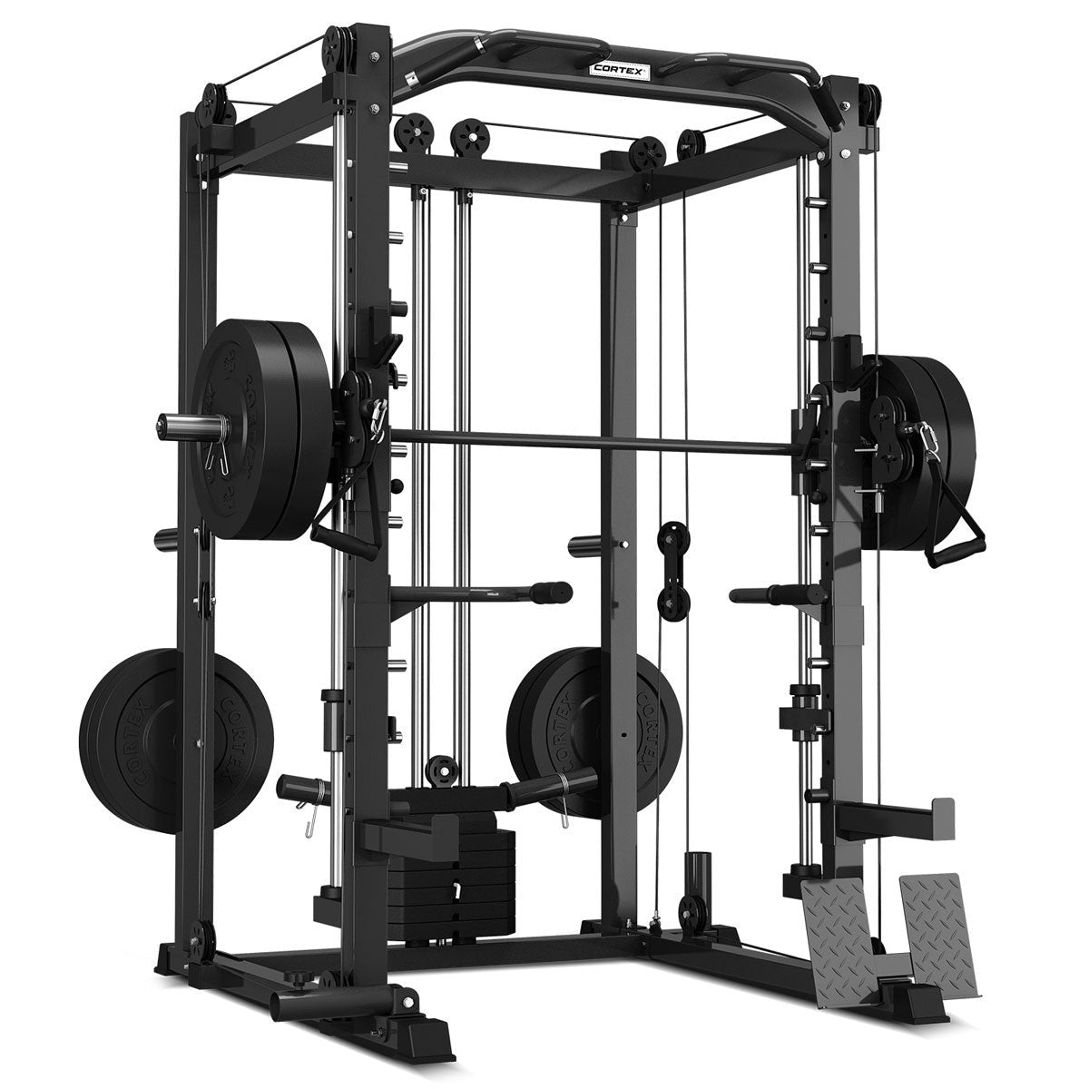 CORTEX SM-20 6-in-1 Power Rack featuring a Smith machine and cable system, designed for versatile home workouts. A fit individual demonstrates a bent-over row with weights, showcasing strength training capabilities.