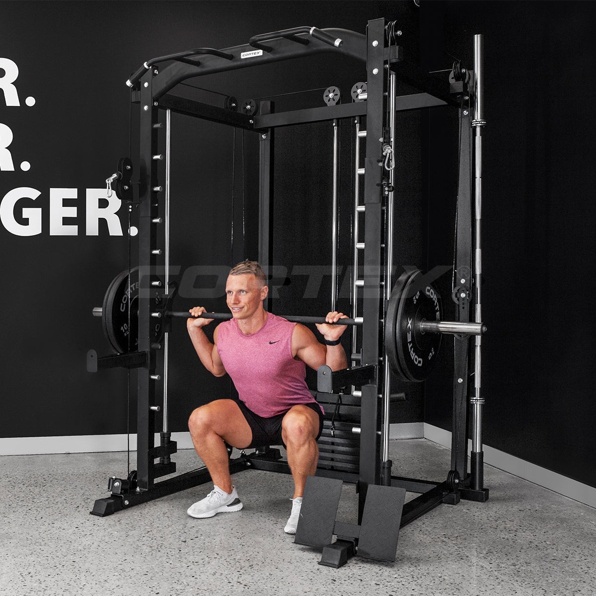 CORTEX SM-20 6-in-1 Power Rack featuring a Smith machine, cable system, and weight stacks for versatile home gym workouts and strength training.