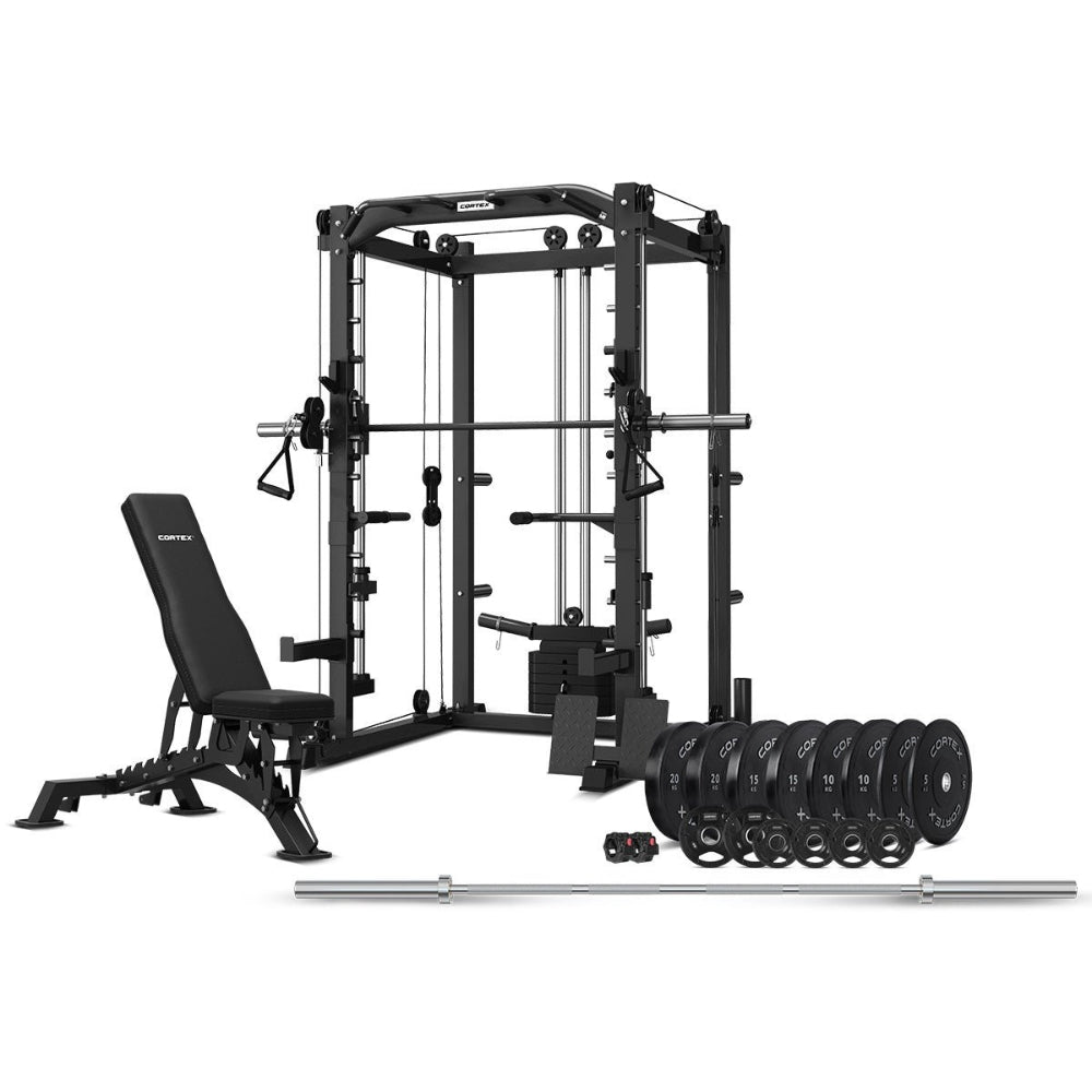 CORTEX SM-20 (Set E) 6-in-1 Power Rack with Smith & Cable Machine + BN-9 Bench + 130kg Olympic Bumper Weight Plate & Barbell Package