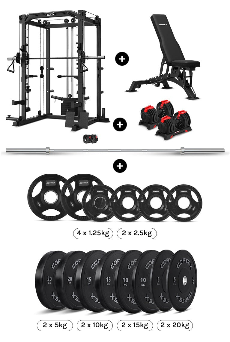CORTEX SM-20 6-In-1 Power Rack with Smith & Cable Machine Package (Set I) with 48 kg Revolock V2 Adjustable Dumbbells + 130kg Pro Bumper Plate & Barbell Package