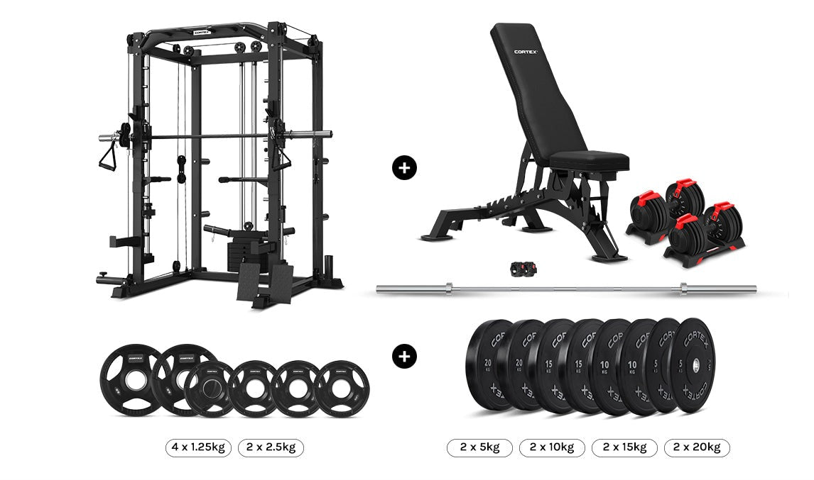 CORTEX SM-20 6-In-1 Power Rack with Smith & Cable Machine Package (Set I) with 48 kg Revolock V2 Adjustable Dumbbells + 130kg Pro Bumper Plate & Barbell Package