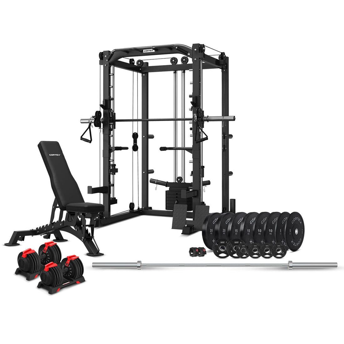 CORTEX SM-20 6-In-1 Power Rack with Smith & Cable Machine Package (Set I) with 48 kg Revolock V2 Adjustable Dumbbells + 130kg Pro Bumper Plate & Barbell Package