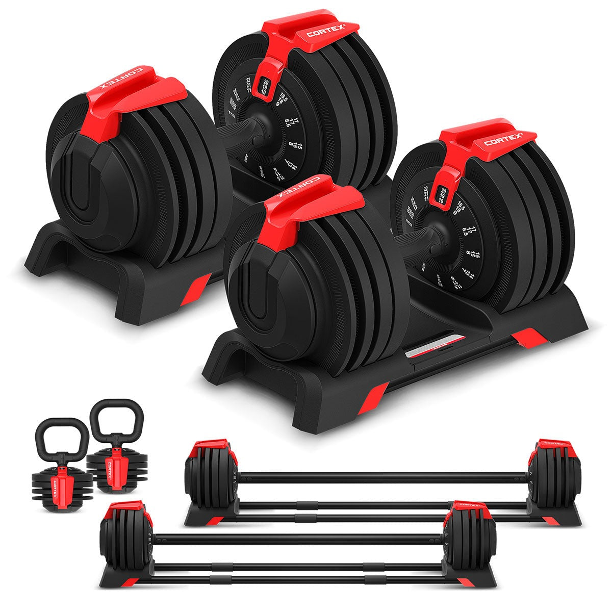 Complete home gym set with a multifunctional weight machine, adjustable bench, and weights
