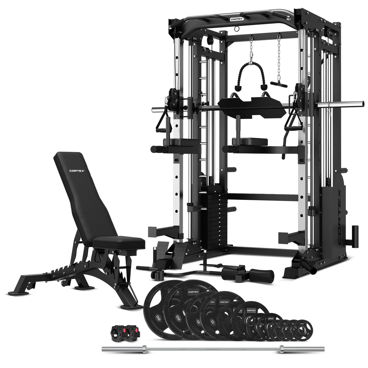 CORTEX SM-25 6-In-1 Power Rack With Smith & Cable Machine Package (Set C) with BN9 Bench + 100kg Olympic Weight Plate & Barbell Package