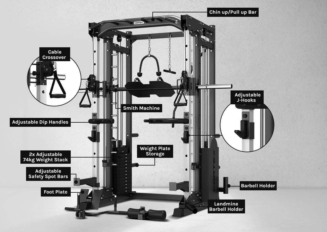 CORTEX SM-25 6-In-1 Power Rack With Smith & Cable Machine Package (Set C) with BN9 Bench + 100kg Olympic Weight Plate & Barbell Package